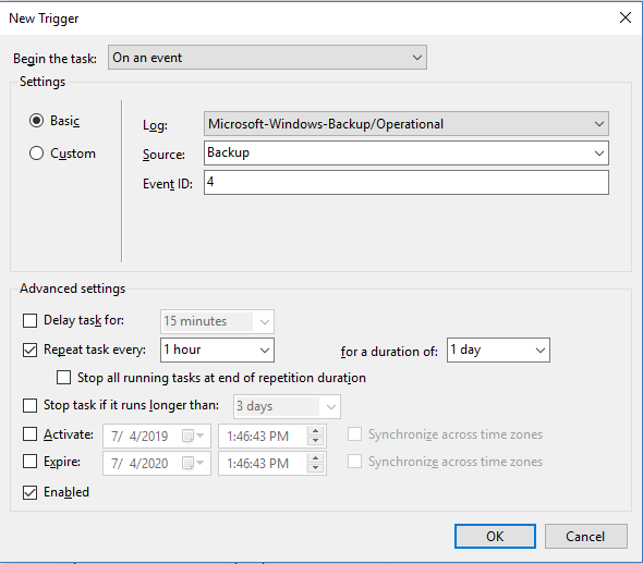 Task Scheduler trigger configuration