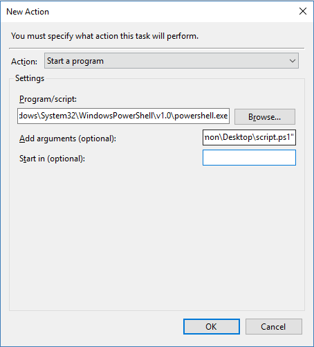 New action configuration in Task Scheduler