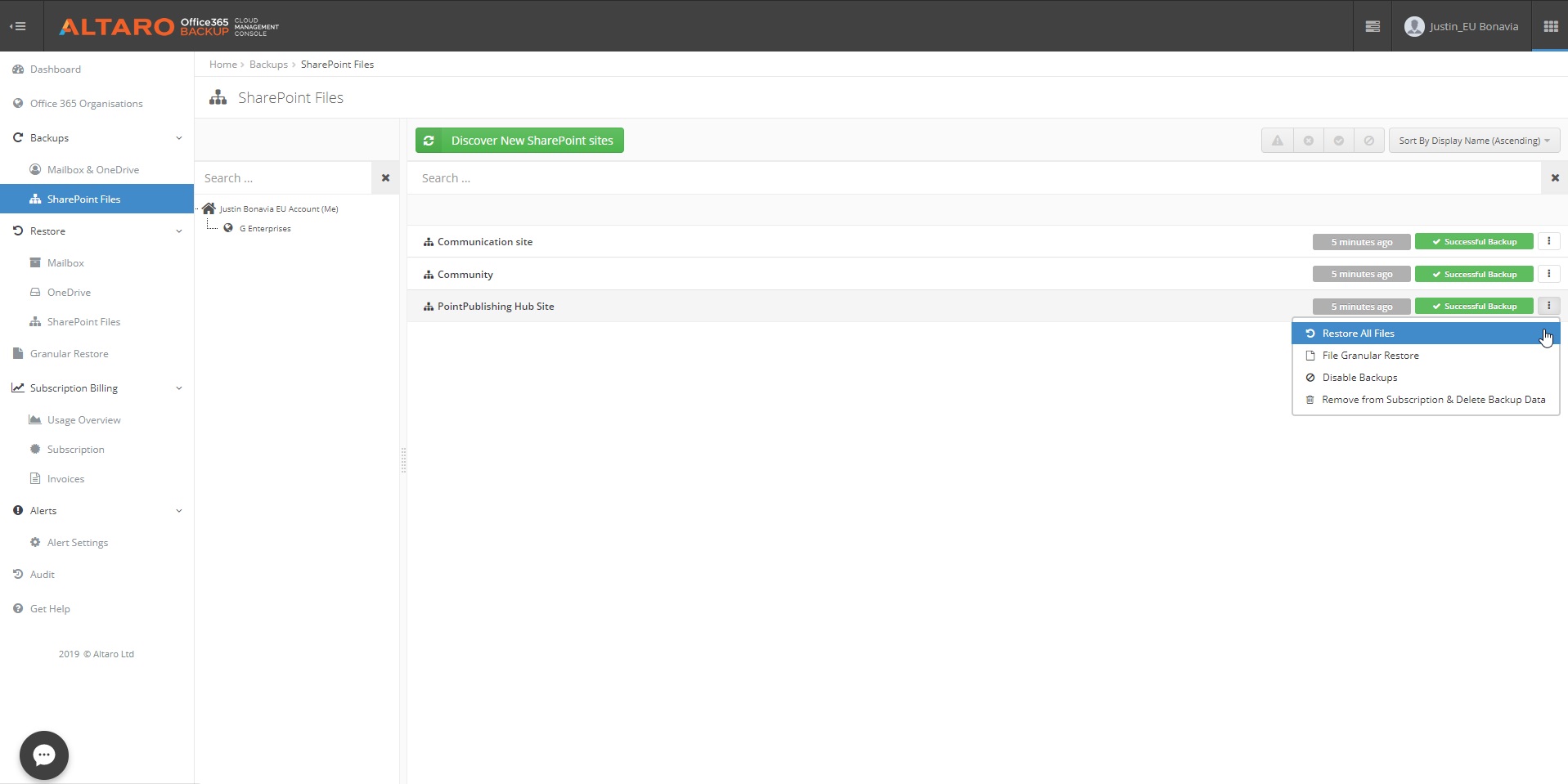 Office 365 Backup Dashboard – SharePoint-Verwaltung