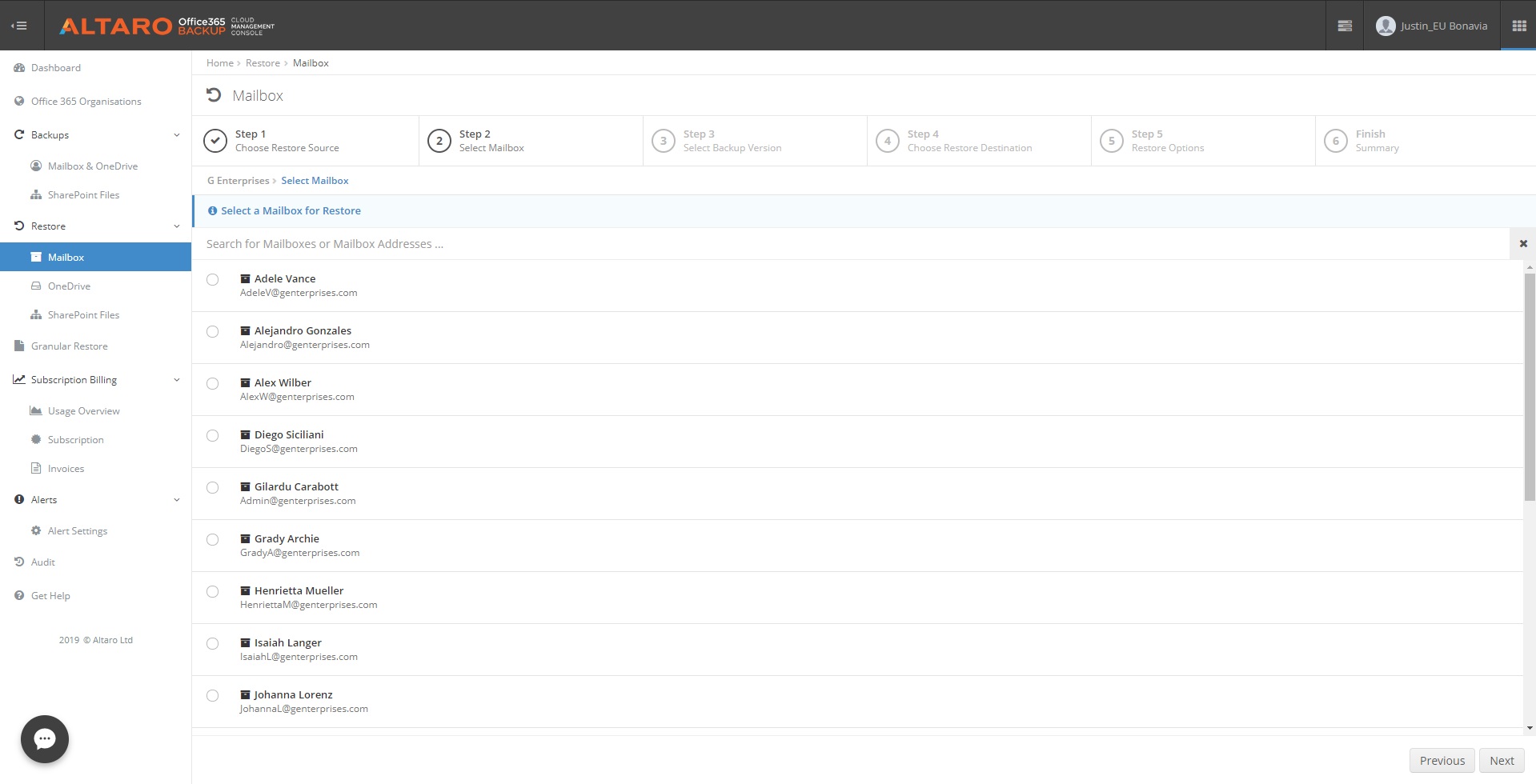 Office 365 Backup Dashboard – Auswahl von Postfächern