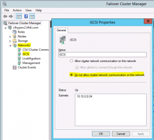 iSCSI Network in Failover Cluster Manager