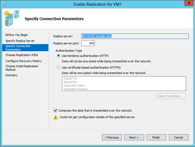 Screenshot of specifying the Replica server in Hyper-V
