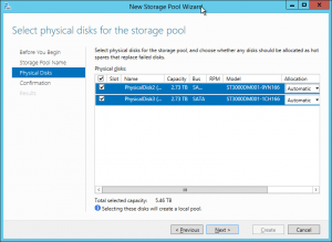 Storage Pool Wizard Disk Selection