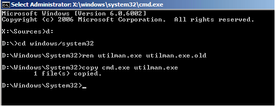 Renaming utilman.exe through command prompt