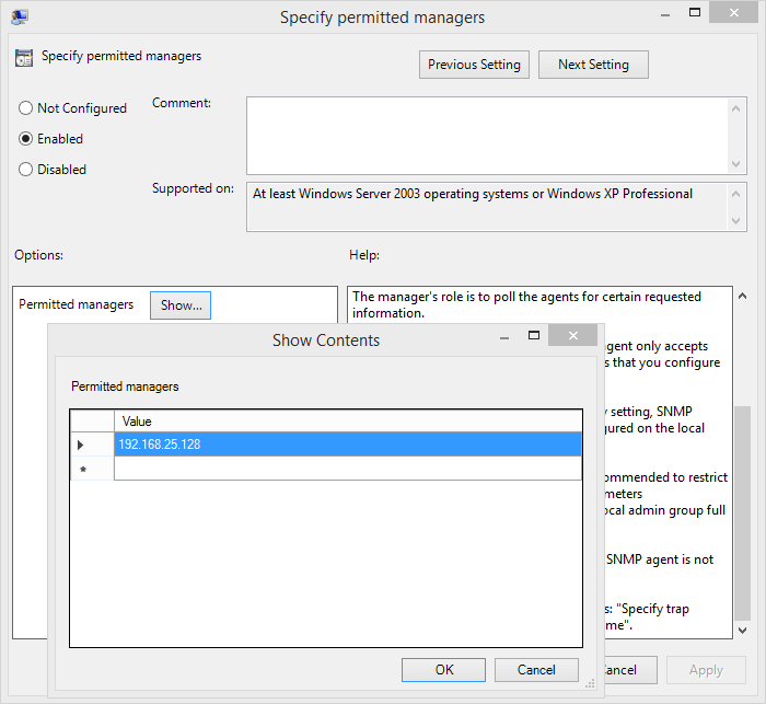 SNMP GPO Permitted Managers