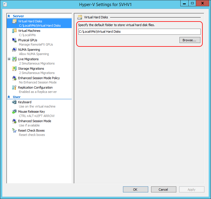 Hyper-V Settings: Default VHD