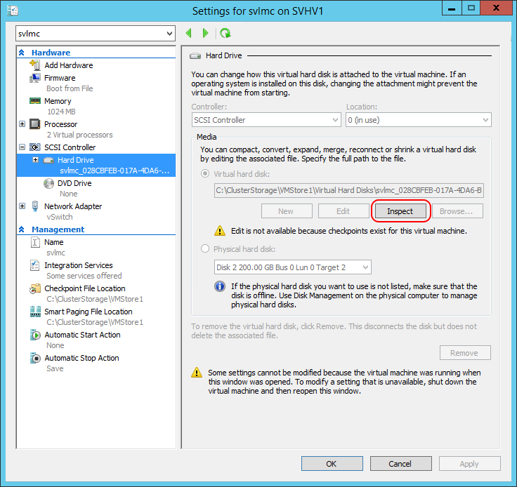 VM Dialog: VHD Inspect Button