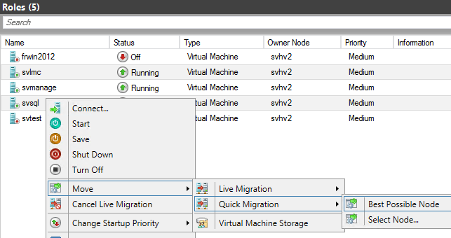 Quick Migration in Failover Cluster Manager
