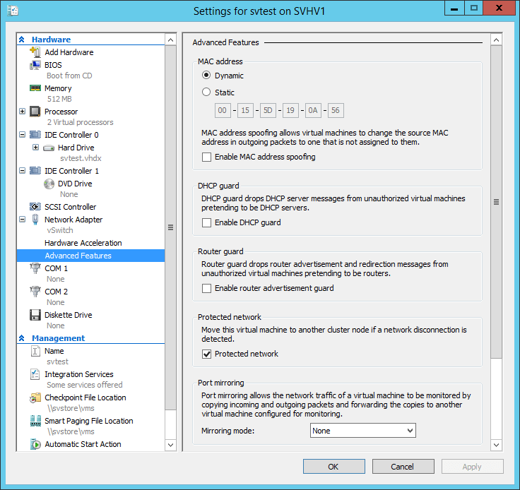 Virtual Network Adapter Advanced Settings