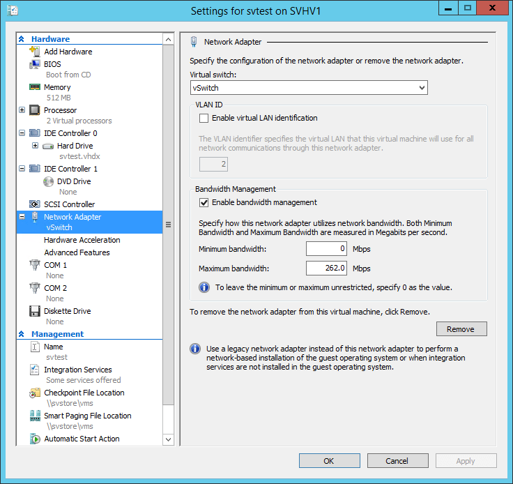 Main Property Page for A Virtual Network Adapter