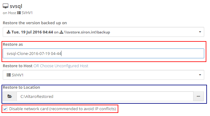 Virtual Machine Restore Target Options