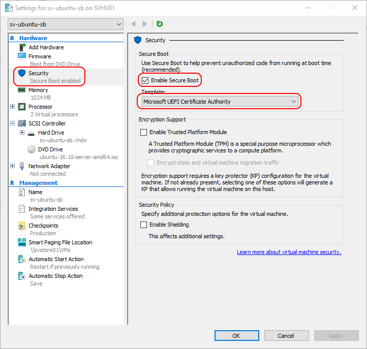 Hyper-V Manager Secure Boot Settings