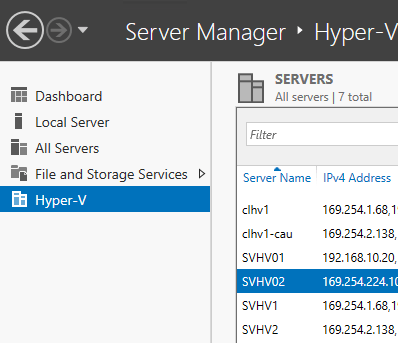 Server Manager Selected Hyper-V System