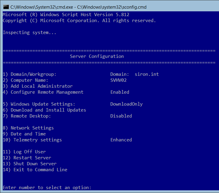 Hyper-V Server 2016 sconfig Root Screen