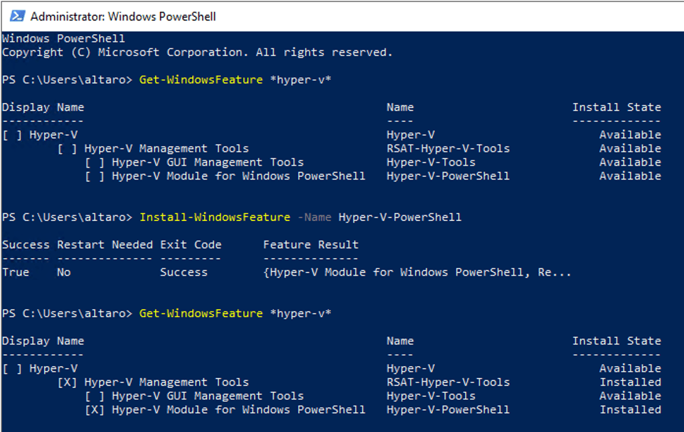 Installation of the Hyper-V PowerShell module on Windows Server 2019