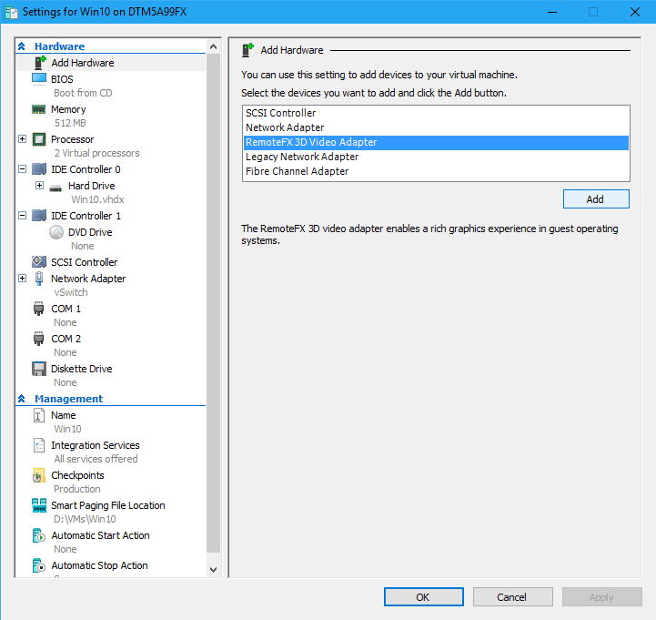 Adding a RemoteFX Adapter