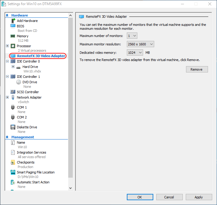 RemoteFX Adapter Settings