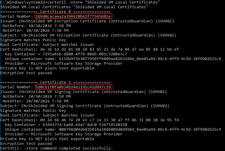 VM Shielded Certificates with Serial Numbers