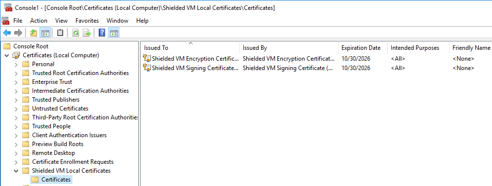 VM Shielding Certificates in MMC