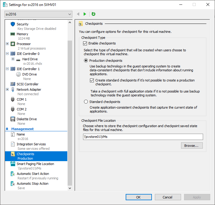 Checkpoint Settings in Hyper-V 2016