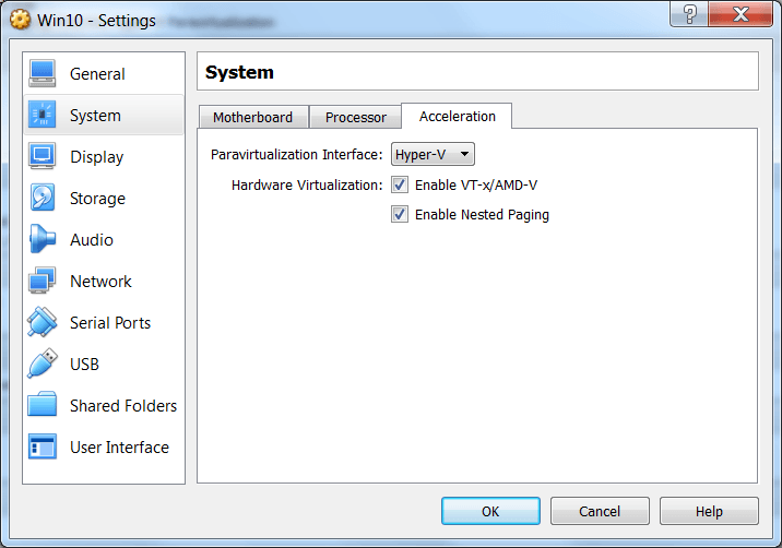 VirtualBox Acceleration Settings