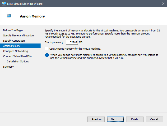 Virtual Machine Wizard Assign memory