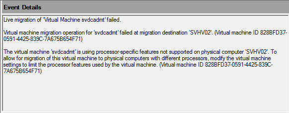 Live Migration of 'Virtual Machine svdcadmt' failed