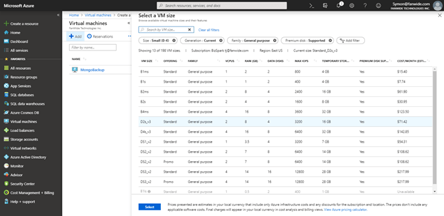Selecting a VM size in Microsoft Azure