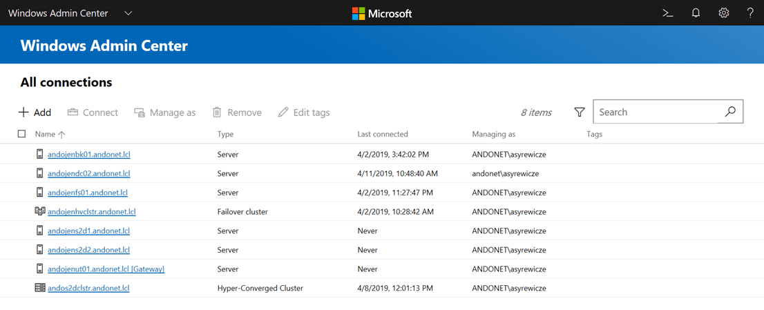 windows admin center connections