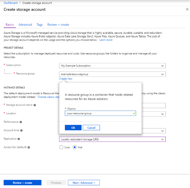 Creating a Azure storage account