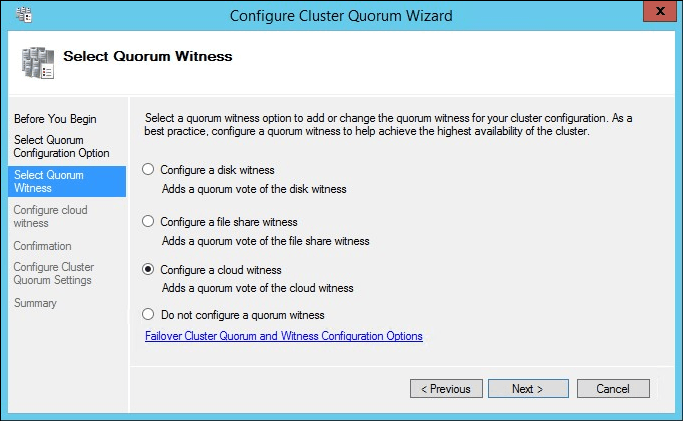 Selecting a Cloud Witness to use in the Configure Cluster Quorum Wizard