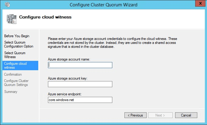 Entering Cloud Witness details in Configure Cluster Quorum Wizard