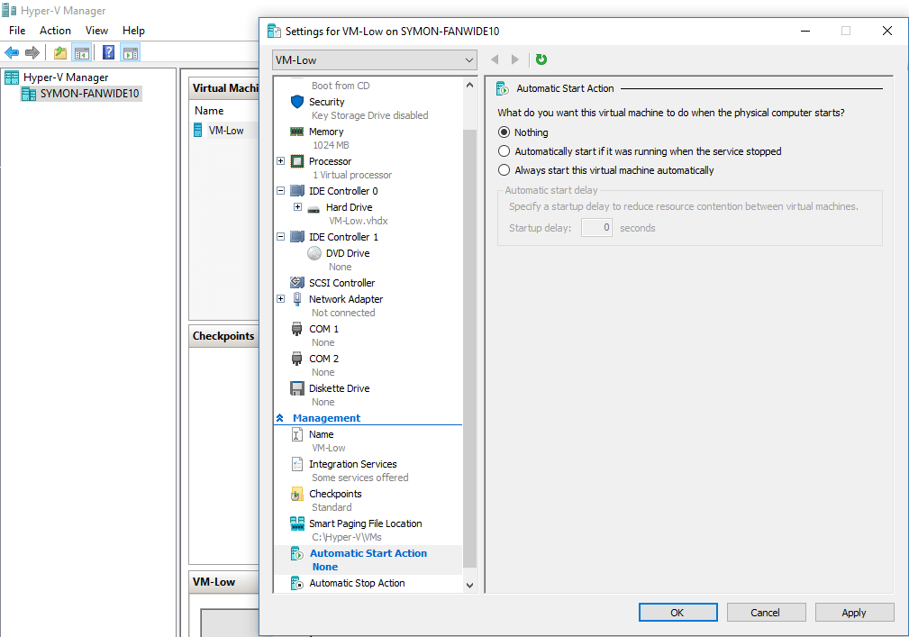 Disabling Automatic Start Action for a Hyper-V VM