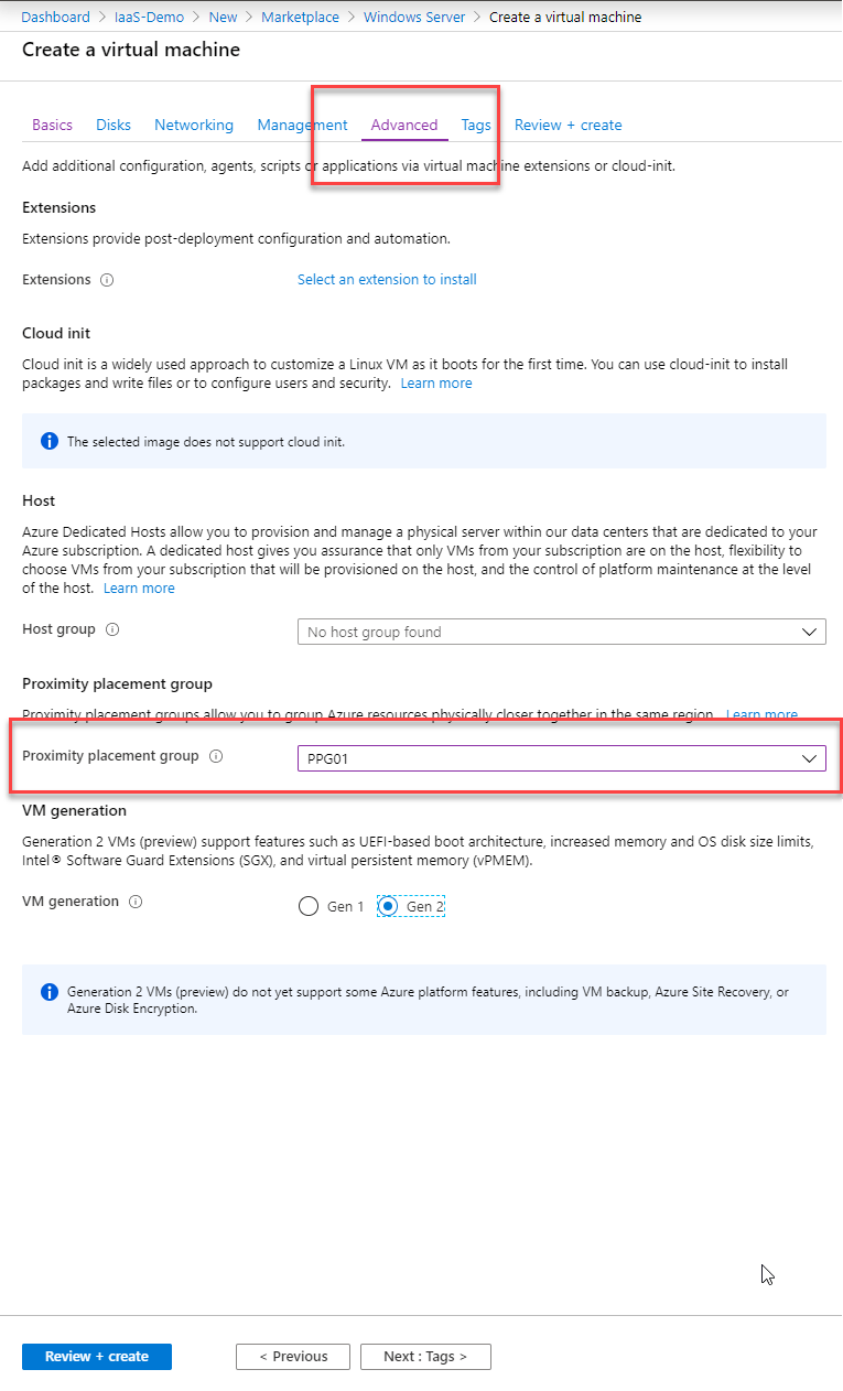 Proximity Placement Group advanced settings