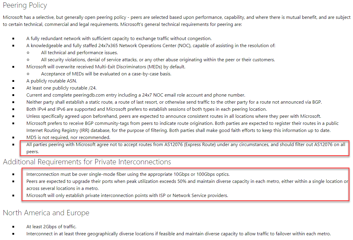 Routing and peering policies Azure express route.