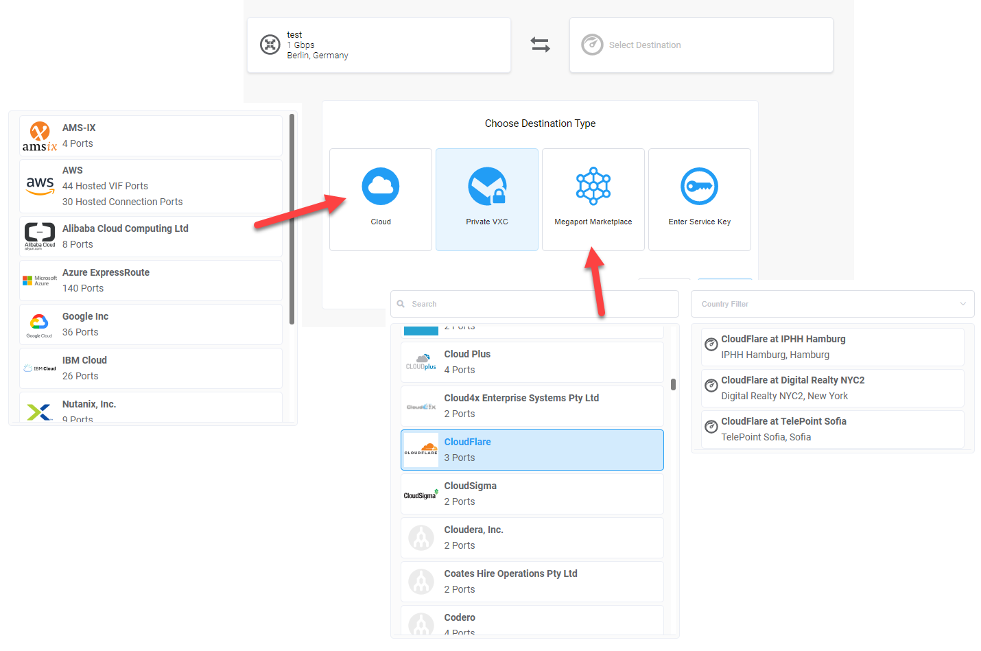 Cloud Router, cloud connects, Internet Peering at Internet Exchanges.