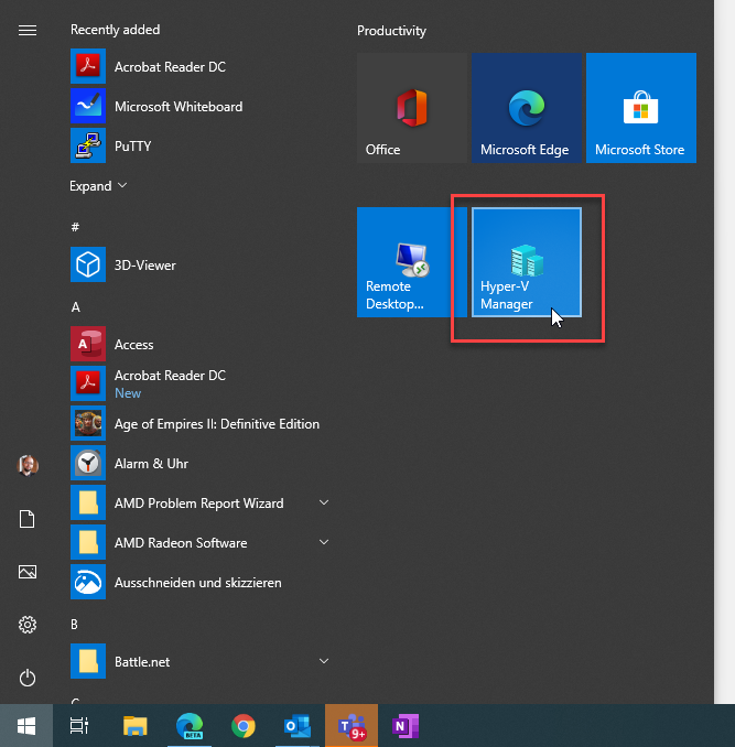 WIndows 10 start menu, Hyper-V