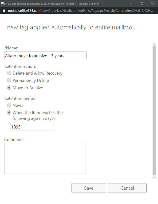Creating a custom Move to archive policy, Microsoft 365