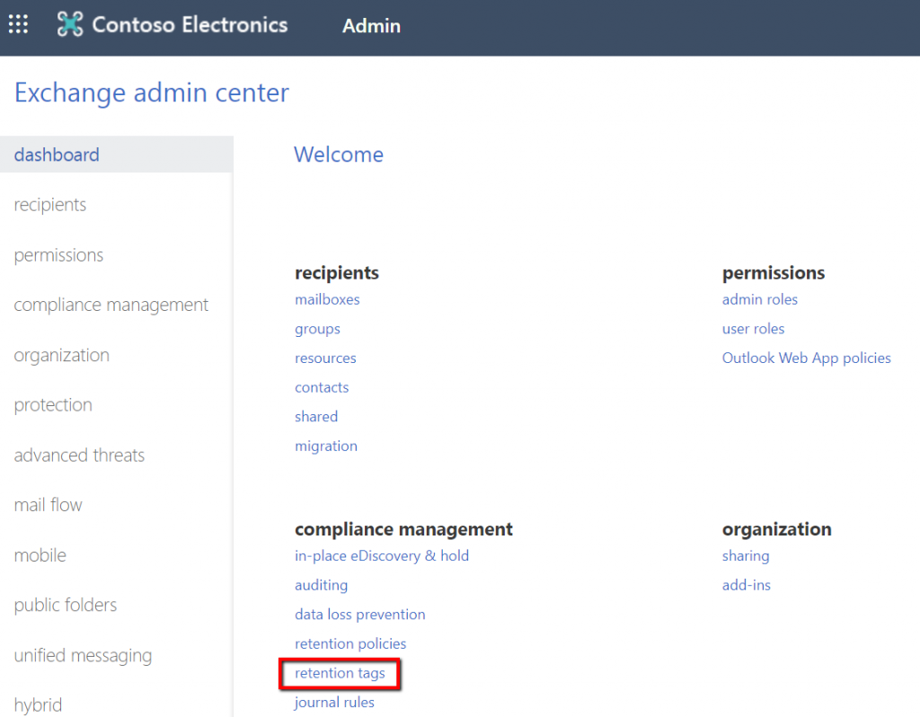 Exchange Admin Center - Retention tags, Microsoft 365