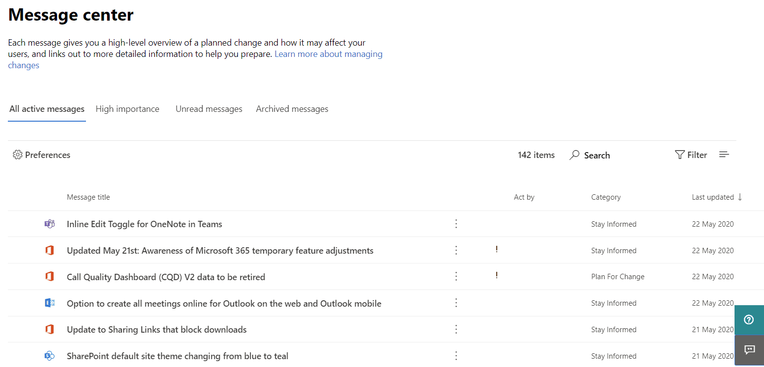 M365 portal Message Center