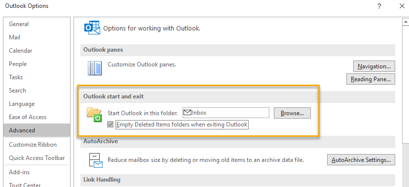 Outlook Advanced Options