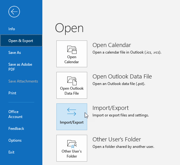 Outlook Menu, Import Export