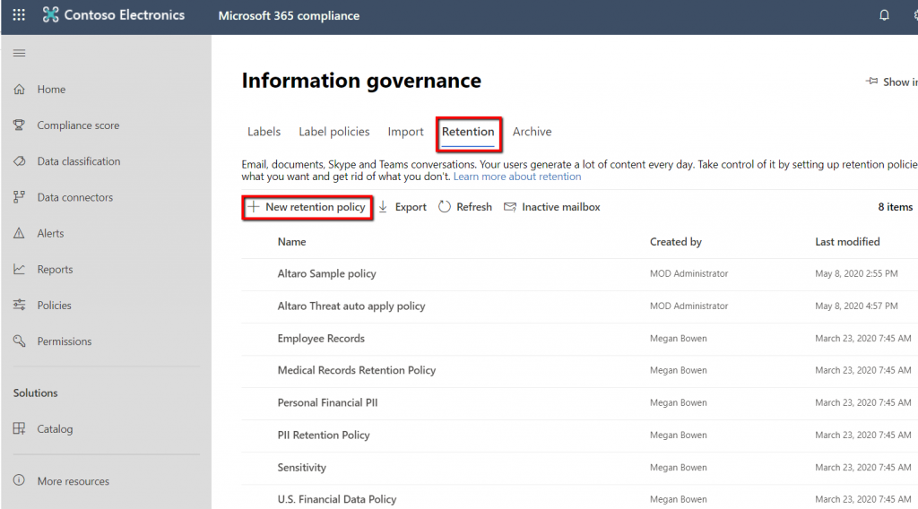 Retention policies and creating a new one, Microsoft 365