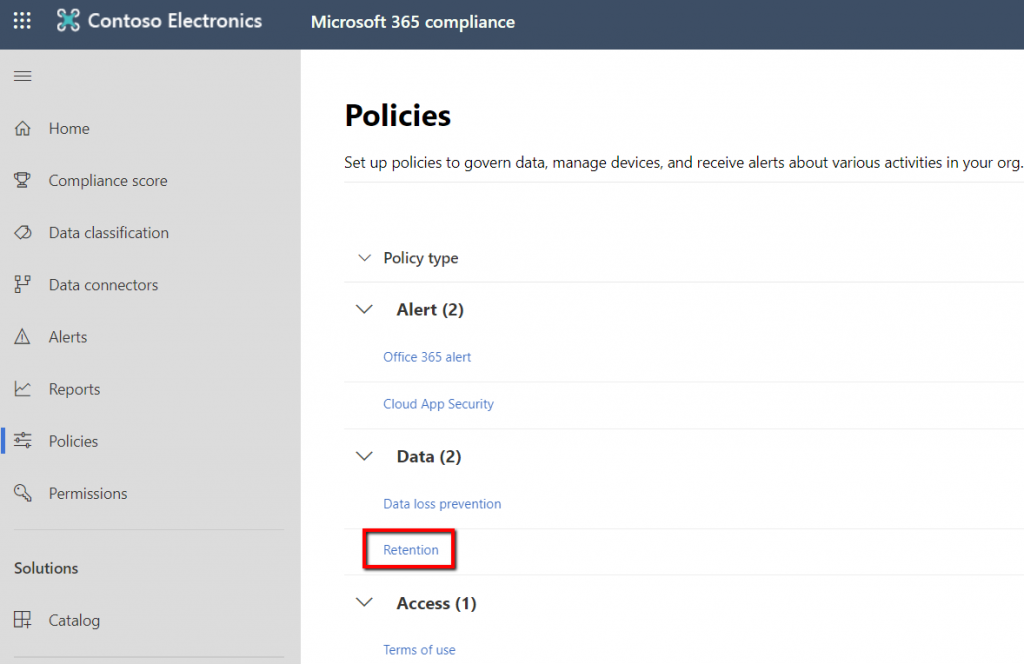 Retention policies link in the Compliance portal, Microsoft 365