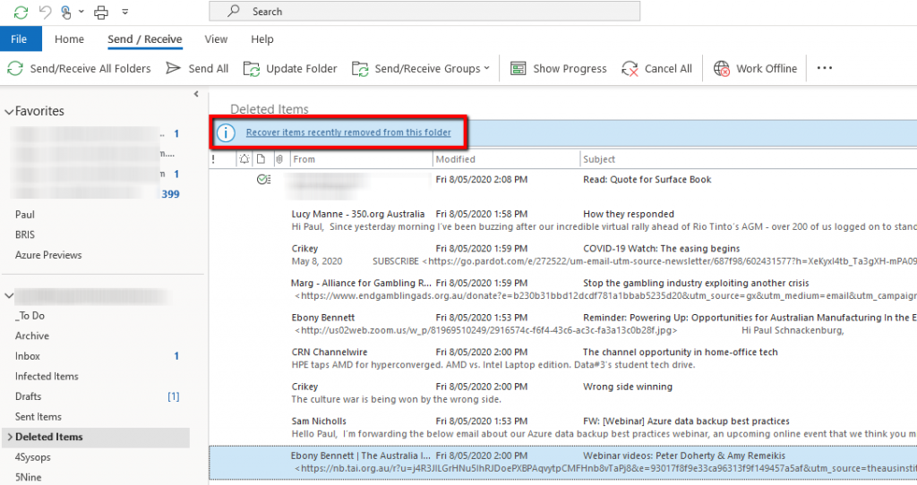 Where to find recoverable items in Outlook, Microsoft 365