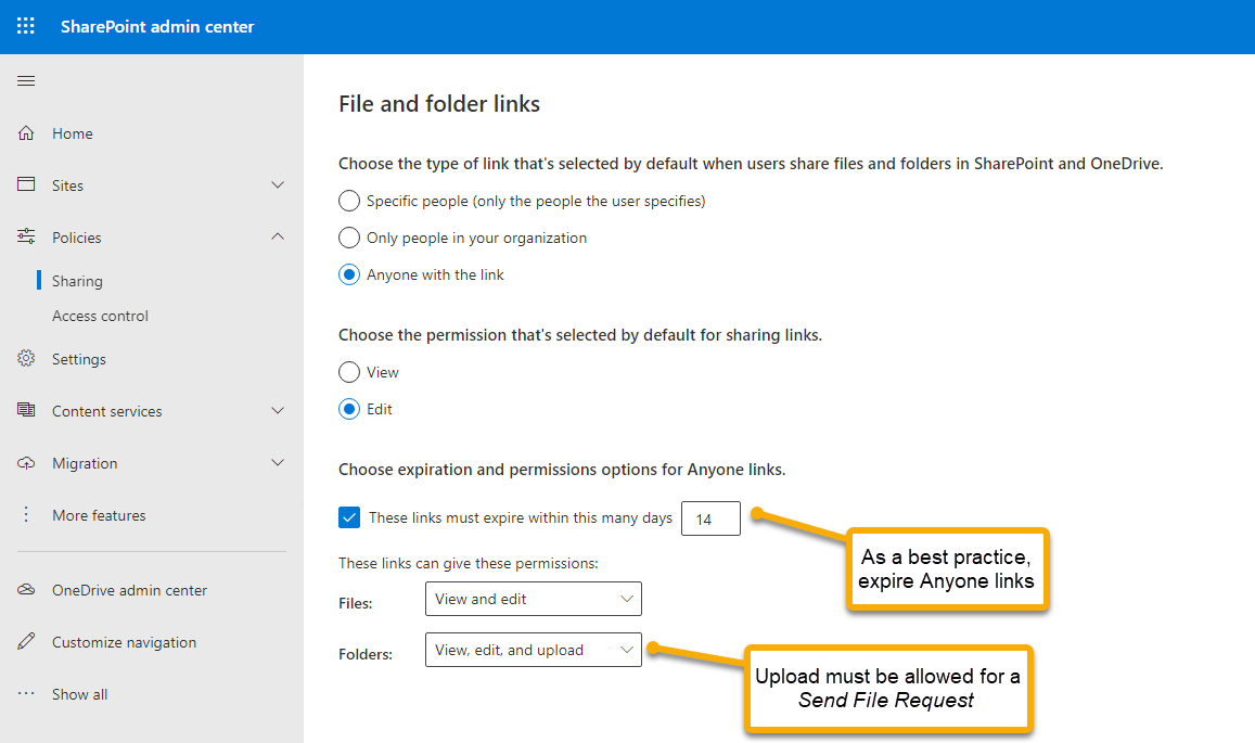 SharePoint Admin Center Policies Sharing