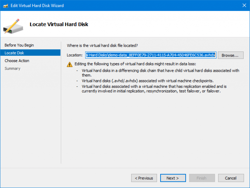 Browse to virtual disk in Hyper-V Manager