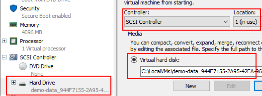 Hyper-V Manager virtual disk information