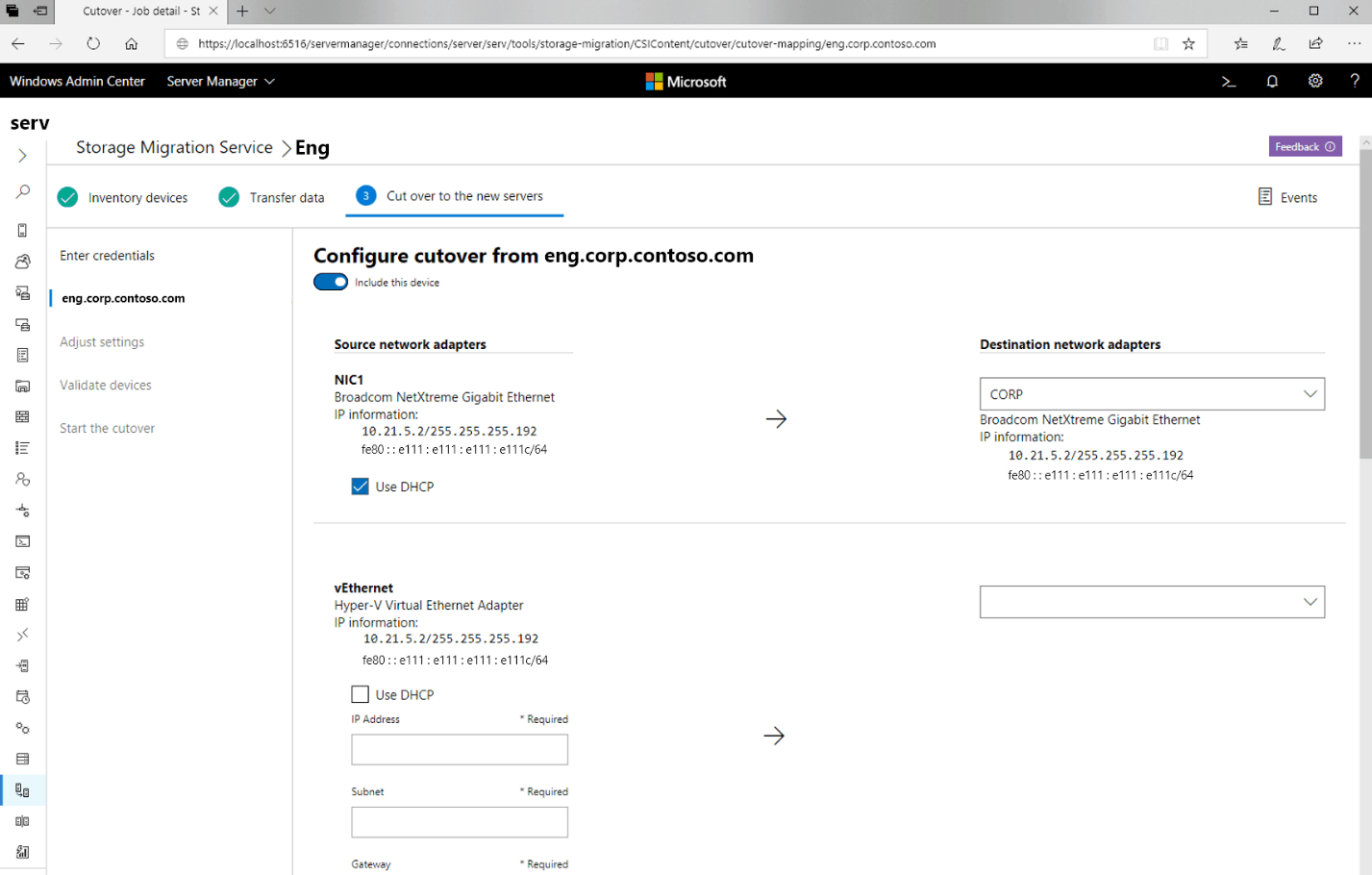 Configuring the Network Migration for a Cutover