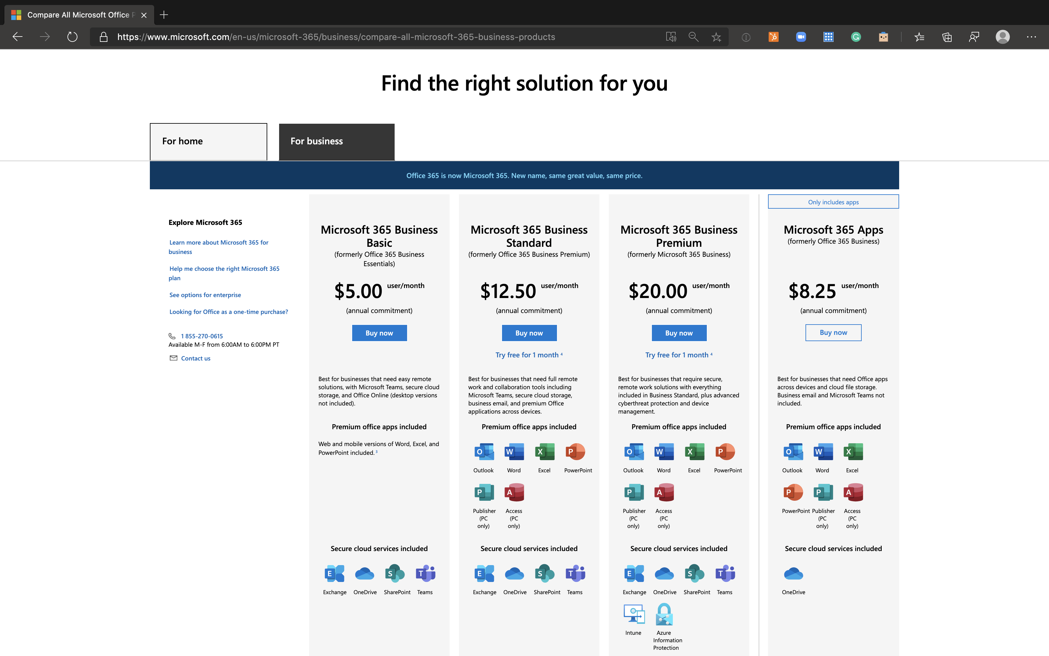 Microsoft 365 Product Comparing